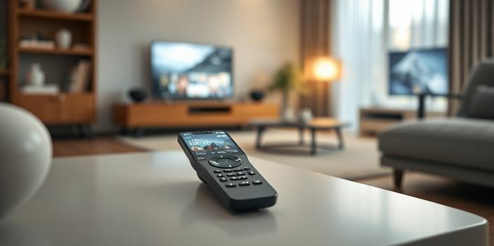 Nordic IPTV streaming on a smartphone with remote control on a Scandinavian coffee table.