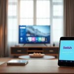 Scandinavian living room scene depicting a modern TV streaming IPTV, with a smartphone displaying the Swish logo, symbolizing Nordisk IPTV Swish.