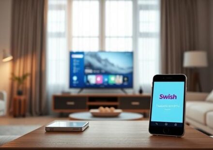 Scandinavian living room scene depicting a modern TV streaming IPTV, with a smartphone displaying the Swish logo, symbolizing Nordisk IPTV Swish.