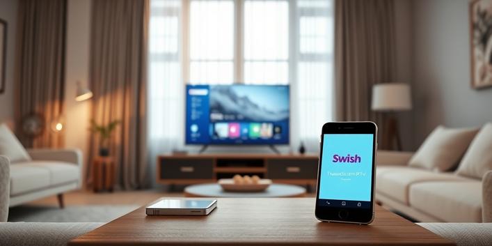 Scandinavian living room scene depicting a modern TV streaming IPTV, with a smartphone displaying the Swish logo, symbolizing Nordisk IPTV Swish.