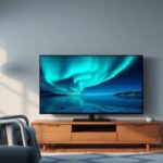 Modern Nordic living room featuring a 4K TV displaying the Northern Lights, symbolizing Nordic IPTV in 4K resolution.