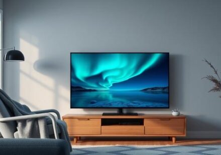 Modern Nordic living room featuring a 4K TV displaying the Northern Lights, symbolizing Nordic IPTV in 4K resolution.