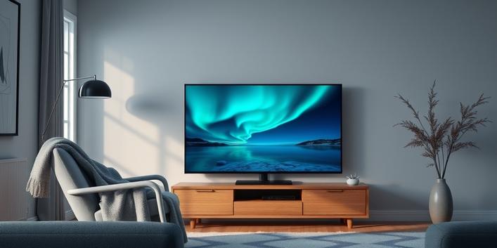 Modern Nordic living room featuring a 4K TV displaying the Northern Lights, symbolizing Nordic IPTV in 4K resolution.