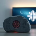 3D rendering depicting Nordic IPTV: a rune stone with a digital stream glow, a modern TV, and a Nordic countries emblem, symbolizing digital streaming in the Nordics.