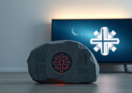 3D rendering depicting Nordic IPTV: a rune stone with a digital stream glow, a modern TV, and a Nordic countries emblem, symbolizing digital streaming in the Nordics.