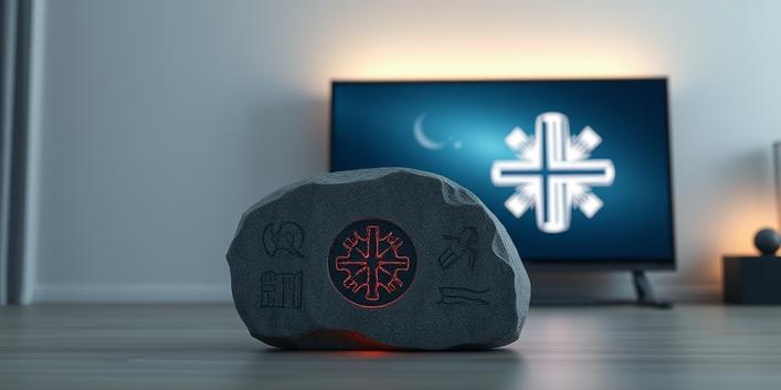 3D rendering depicting Nordic IPTV: a rune stone with a digital stream glow, a modern TV, and a Nordic countries emblem, symbolizing digital streaming in the Nordics.