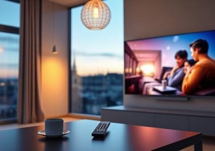 A modern living room scene depicting IPTV usage in Sweden, featuring a TV displaying a family watching a movie with the Stockholm cityscape visible through the window.