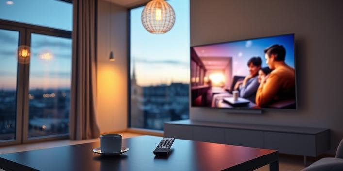 A modern living room scene depicting IPTV usage in Sweden, featuring a TV displaying a family watching a movie with the Stockholm cityscape visible through the window.