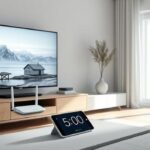 Minimalistisk 3D-illustration av en skandinavisk vardagsrumsmiljö med fokus på en TV som visar nordiska landskap, en router och en smartphone med en timer inställd på 5 minuter och Nordisk IPTV-appikonen.