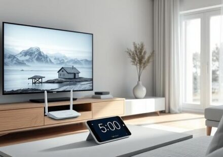 Minimalistisk 3D-illustration av en skandinavisk vardagsrumsmiljö med fokus på en TV som visar nordiska landskap, en router och en smartphone med en timer inställd på 5 minuter och Nordisk IPTV-appikonen.