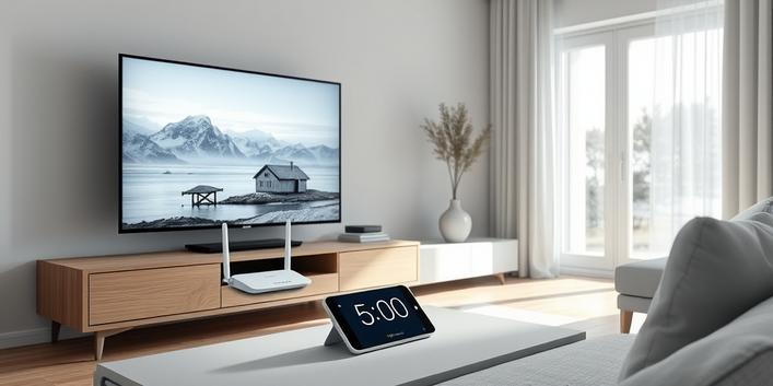 Minimalistisk 3D-illustration av en skandinavisk vardagsrumsmiljö med fokus på en TV som visar nordiska landskap, en router och en smartphone med en timer inställd på 5 minuter och Nordisk IPTV-appikonen.