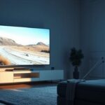 En modern TV visar en IPTV-ström i ett skandinaviskt vardagsrum, medan en nedlagd parabolantenn ligger i skuggan.