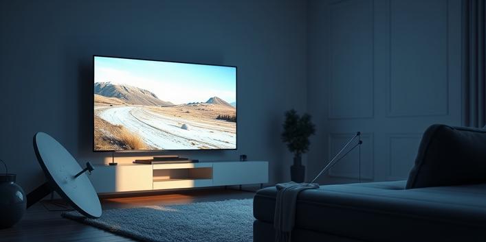 En modern TV visar en IPTV-ström i ett skandinaviskt vardagsrum, medan en nedlagd parabolantenn ligger i skuggan.