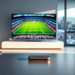 En minimalistisk 3D-rendering av ett vardagsrum med en stor TV som visar en fotbollsmatch och en Nordisk IPTV-fjärrkontroll, som illustrerar bästa sätten att streama sport med Nordisk IPTV 2026.