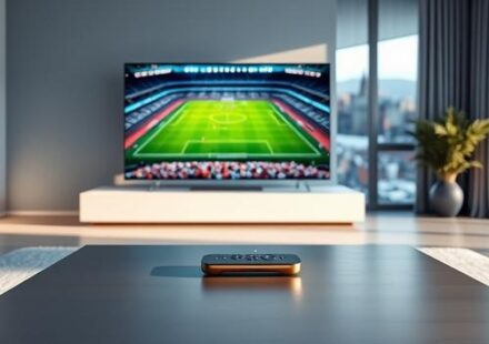En minimalistisk 3D-rendering av ett vardagsrum med en stor TV som visar en fotbollsmatch och en Nordisk IPTV-fjärrkontroll, som illustrerar bästa sätten att streama sport med Nordisk IPTV 2026.