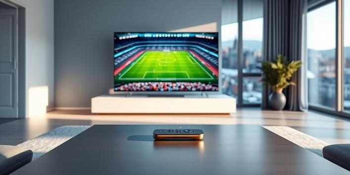 En minimalistisk 3D-rendering av ett vardagsrum med en stor TV som visar en fotbollsmatch och en Nordisk IPTV-fjärrkontroll, som illustrerar bästa sätten att streama sport med Nordisk IPTV 2026.