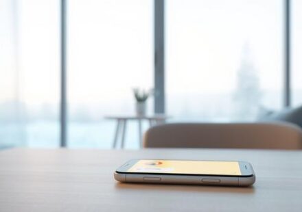 3D illustration of a smartphone displaying the Nordisk IPTV customer service chat, with a friendly geometric character offering help in a Nordic home setting.