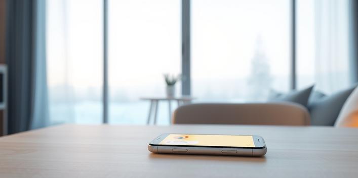 3D illustration of a smartphone displaying the Nordisk IPTV customer service chat, with a friendly geometric character offering help in a Nordic home setting.