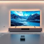En modern skandinavisk vardagsrumsscen med en stor smart-TV som visar nordiska landskap och ljuseffekten "10 000+".