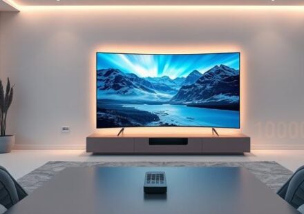 En modern skandinavisk vardagsrumsscen med en stor smart-TV som visar nordiska landskap och ljuseffekten "10 000+".