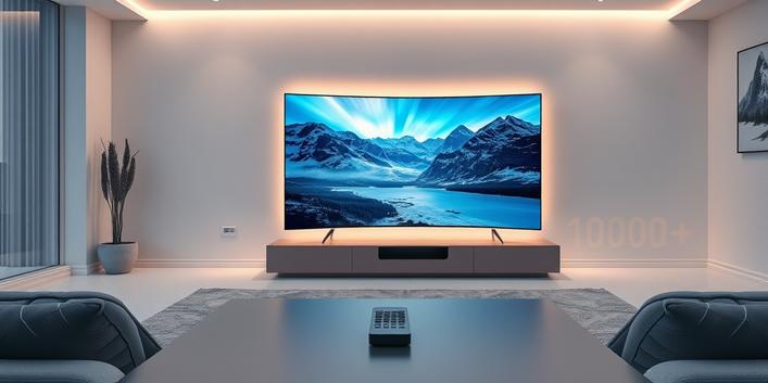 En modern skandinavisk vardagsrumsscen med en stor smart-TV som visar nordiska landskap och ljuseffekten "10 000+".