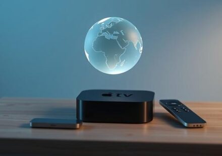 En 3D-illustration av en Apple TV med en stiliserad nordisk jordglob flytande ovanför, symboliserande Nordisk IPTV på en Apple TV.