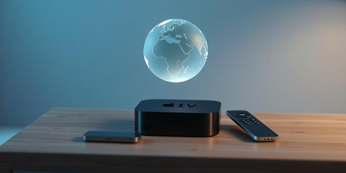 En 3D-illustration av en Apple TV med en stiliserad nordisk jordglob flytande ovanför, symboliserande Nordisk IPTV på en Apple TV.