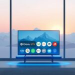 En stiliserad 3D-illustration som visar en smart-TV med olika app-ikoner för IPTV framför ett vinterlandskap.
