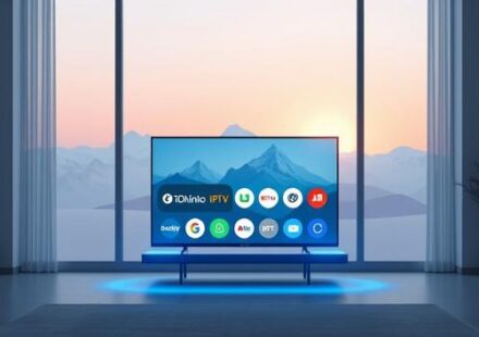 En stiliserad 3D-illustration som visar en smart-TV med olika app-ikoner för IPTV framför ett vinterlandskap.