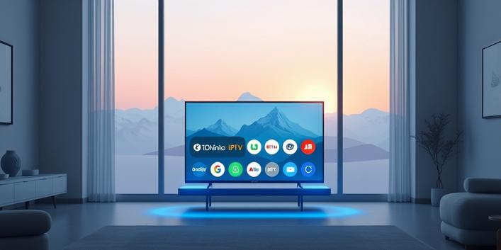 En stiliserad 3D-illustration som visar en smart-TV med olika app-ikoner för IPTV framför ett vinterlandskap.