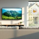 En mysig skandinavisk vardagsrumsscen med en TV som visar naturdokumentär, åtföljd av talbubblor med positiva emojis, vilket representerar positiva omdömen om Nordisk IPTV.