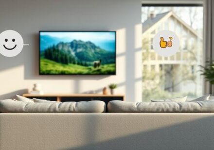 En mysig skandinavisk vardagsrumsscen med en TV som visar naturdokumentär, åtföljd av talbubblor med positiva emojis, vilket representerar positiva omdömen om Nordisk IPTV.