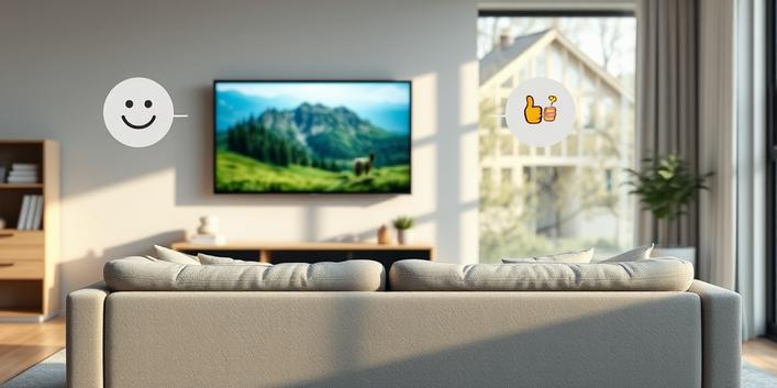 En mysig skandinavisk vardagsrumsscen med en TV som visar naturdokumentär, åtföljd av talbubblor med positiva emojis, vilket representerar positiva omdömen om Nordisk IPTV.