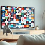 Modern skandinavisk vardagsrumsscen med en TV som visar tusentals kanaler, vilket symboliserar Nordisk IPTV.