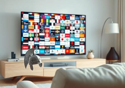 Modern skandinavisk vardagsrumsscen med en TV som visar tusentals kanaler, vilket symboliserar Nordisk IPTV.