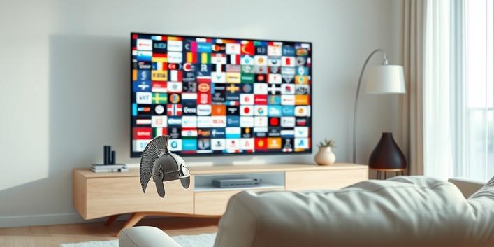 Modern skandinavisk vardagsrumsscen med en TV som visar tusentals kanaler, vilket symboliserar Nordisk IPTV.