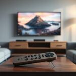 A modern living room featuring a sleek TV displaying Nordic landscapes, a comfortable sofa, and a remote with a #1 emblem, symbolizing top-rated IPTV service.