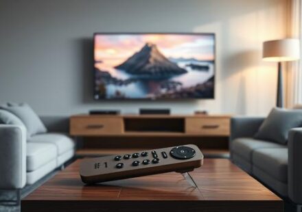 A modern living room featuring a sleek TV displaying Nordic landscapes, a comfortable sofa, and a remote with a #1 emblem, symbolizing top-rated IPTV service.