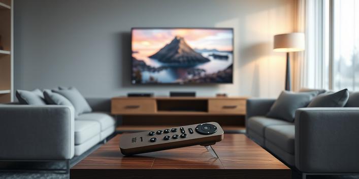 A modern living room featuring a sleek TV displaying Nordic landscapes, a comfortable sofa, and a remote with a #1 emblem, symbolizing top-rated IPTV service.