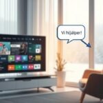 En 3D-illustration som visar hjälp med Nordisk IPTV med svensk support. En hologramprojektion av en hjälpsam avatar visas bredvid en smart-TV som visar Nordisk IPTV-gränssnittet.