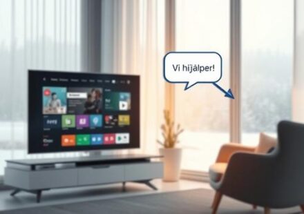 En 3D-illustration som visar hjälp med Nordisk IPTV med svensk support. En hologramprojektion av en hjälpsam avatar visas bredvid en smart-TV som visar Nordisk IPTV-gränssnittet.
