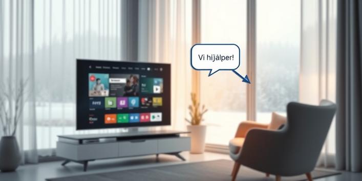 En 3D-illustration som visar hjälp med Nordisk IPTV med svensk support. En hologramprojektion av en hjälpsam avatar visas bredvid en smart-TV som visar Nordisk IPTV-gränssnittet.