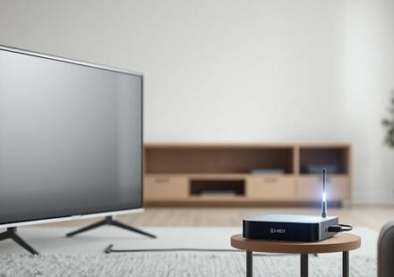 En 3D-illustration som visar en gammal TV som konverteras till en smart-TV med hjälp av en smart-TV-box och en fiberoptisk kabel.