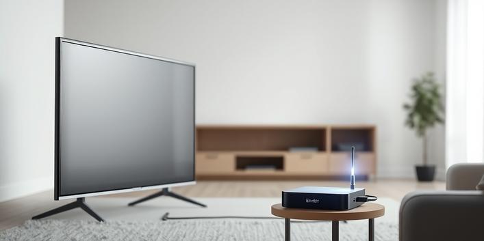 En 3D-illustration som visar en gammal TV som konverteras till en smart-TV med hjälp av en smart-TV-box och en fiberoptisk kabel.