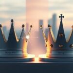 Två stiliserade kronor, en representerar Nordisk IPTV och den andra Nordic King, står på ett podium med en disktret skillnad i storlek och digital störning runt den mindre kronan.