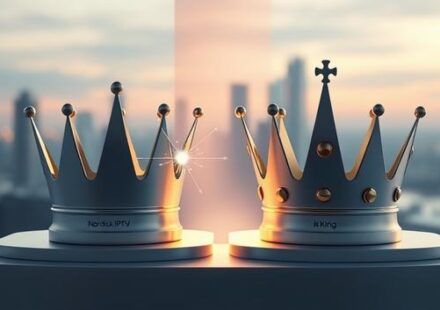 Två stiliserade kronor, en representerar Nordisk IPTV och den andra Nordic King, står på ett podium med en disktret skillnad i storlek och digital störning runt den mindre kronan.