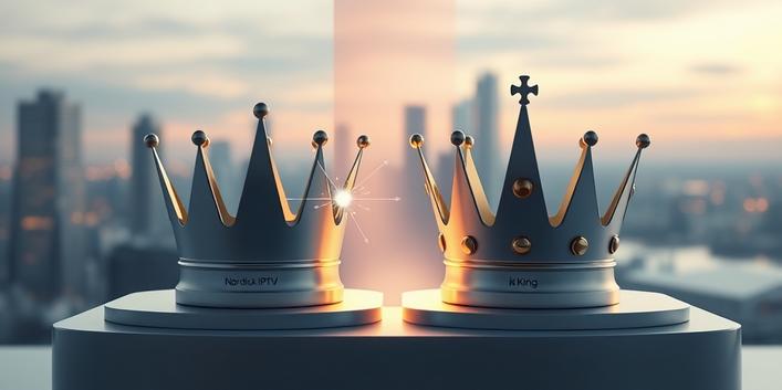 Två stiliserade kronor, en representerar Nordisk IPTV och den andra Nordic King, står på ett podium med en disktret skillnad i storlek och digital störning runt den mindre kronan.
