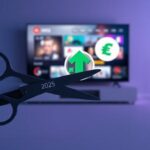A pair of scissors cutting a cable in front of a TV displaying a colorful streaming interface and a currency icon with an upward arrow, symbolizing savings.