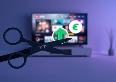 A pair of scissors cutting a cable in front of a TV displaying a colorful streaming interface and a currency icon with an upward arrow, symbolizing savings.