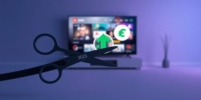 A pair of scissors cutting a cable in front of a TV displaying a colorful streaming interface and a currency icon with an upward arrow, symbolizing savings.